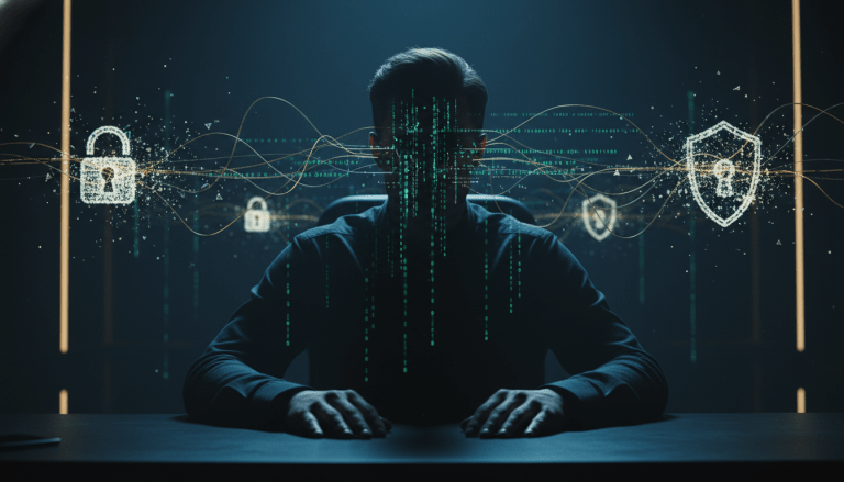 Representacion conceptual de un ataque de ciberseguridad con una silueta humana rodeada de datos digitales en un entorno oscuro.