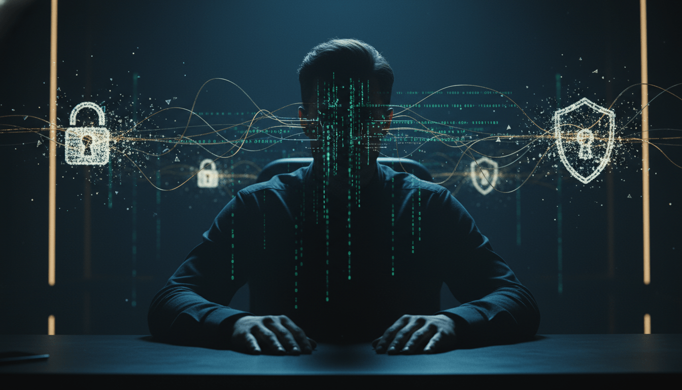 Representacion conceptual de un ataque de ciberseguridad con una silueta humana rodeada de datos digitales en un entorno oscuro.