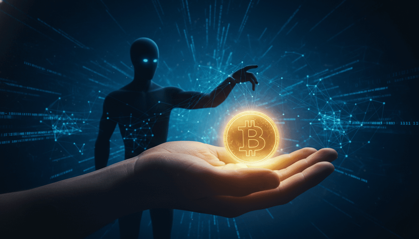 Concepto de estafa digital y fraude caritativo con una mano humana y redes de datos oscuras