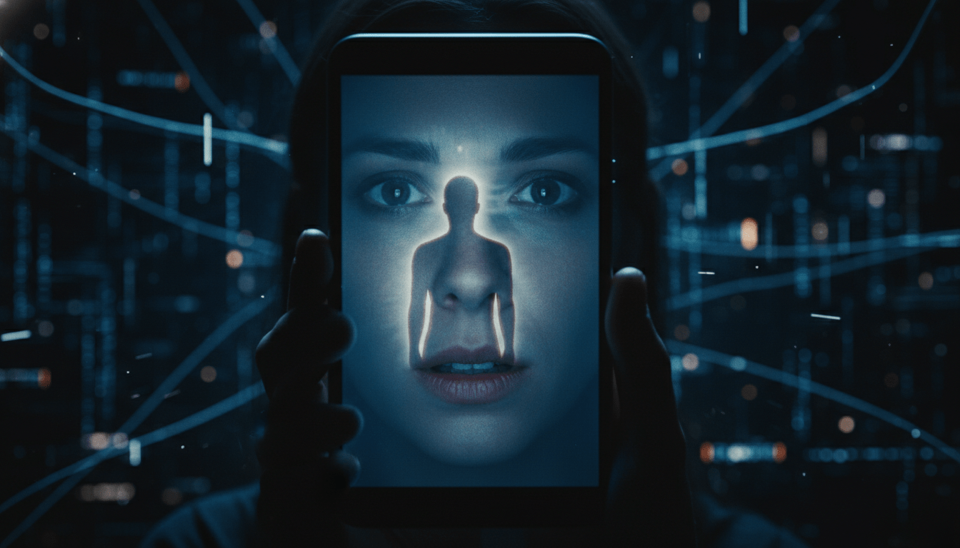 Persona frente a una pantalla de smartphone sufriendo manipulación psicológica por una estafa romántica digital.