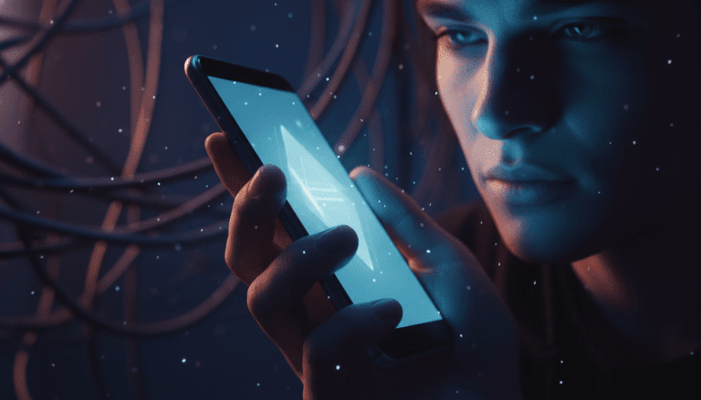 Persona utilizando un smartphone en la oscuridad, representando el peligro de estafas digitales y ciberseguridad.