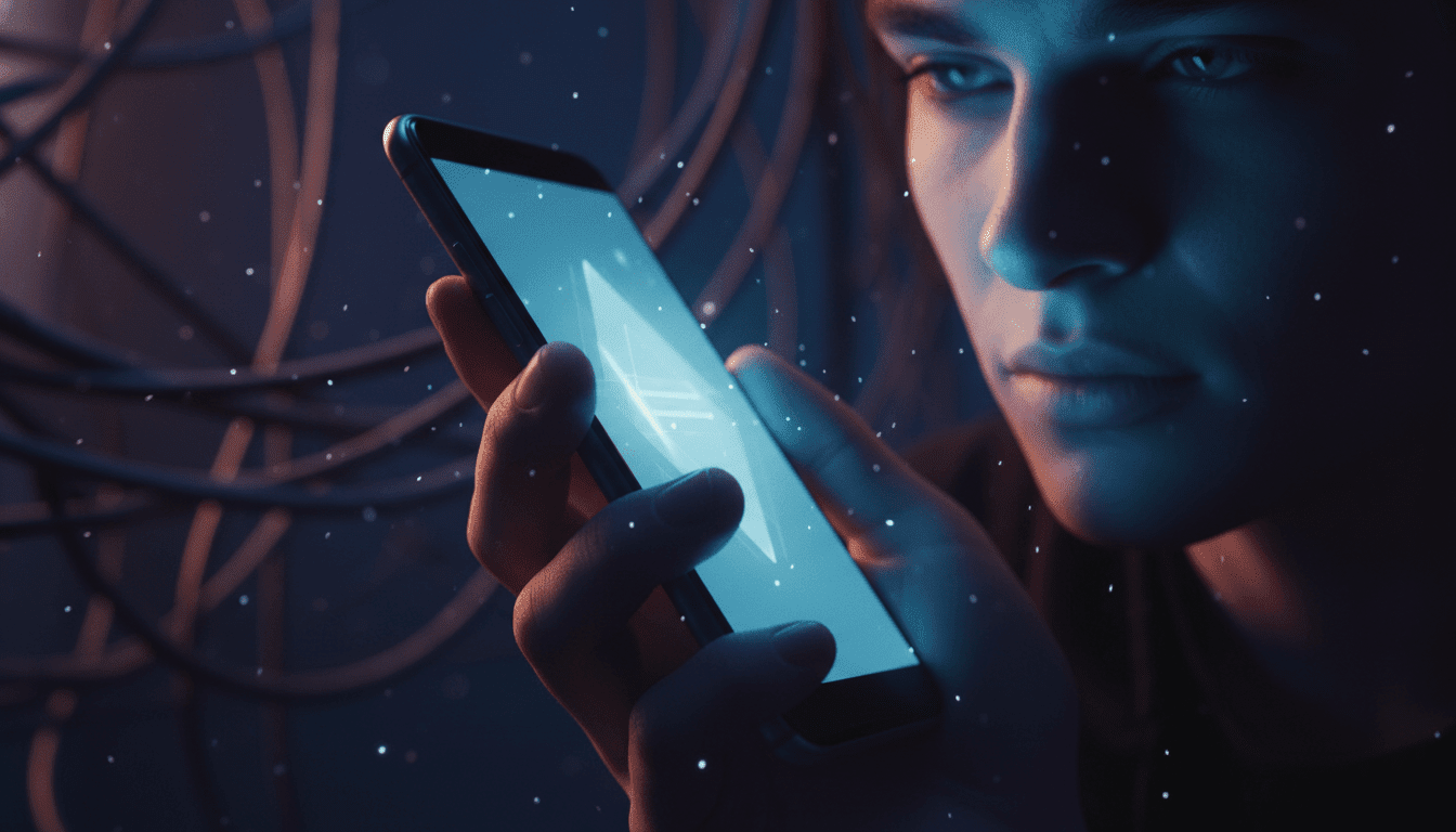 Persona utilizando un smartphone en la oscuridad, representando el peligro de estafas digitales y ciberseguridad.