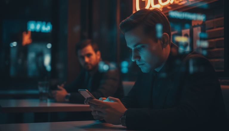 Persona distraída mirando su celular en una cafetería siendo observada por un extraño, representando el riesgo del shoulder surfing.