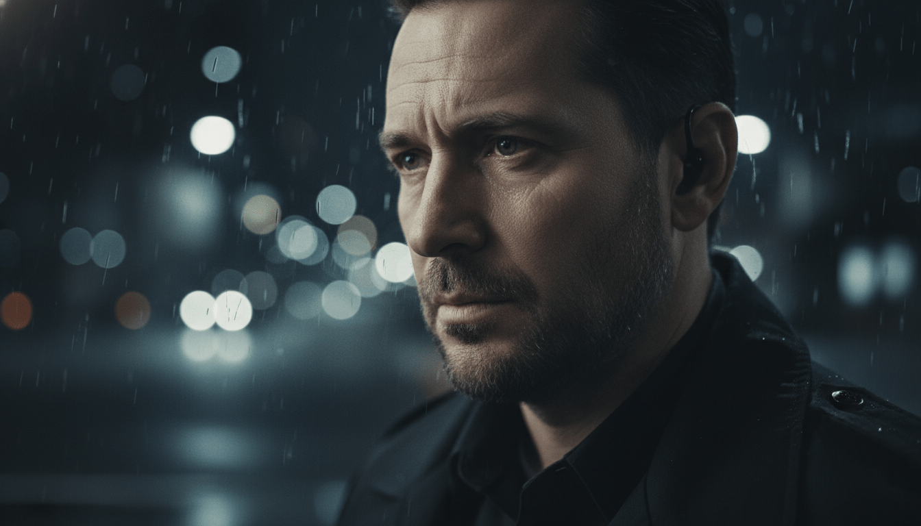 Guardia de seguridad con expresión pensativa y cansada representando el desgaste psicológico y estrés laboral.