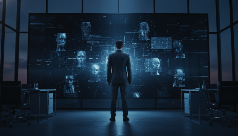 Ejecutivo observando una pantalla con datos digitales distorsionados representando el riesgo de la desinformación corporativa.