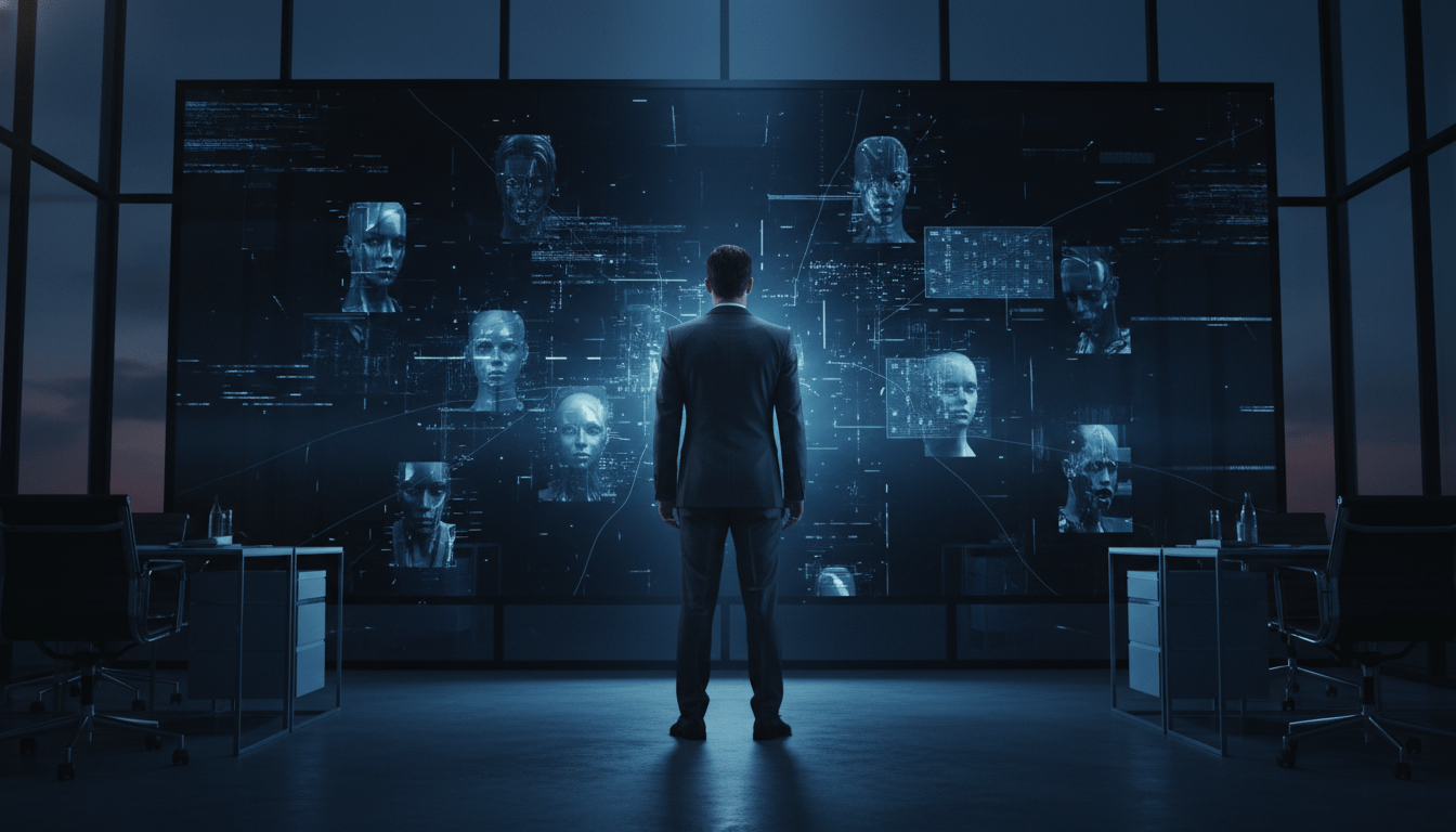 Ejecutivo observando una pantalla con datos digitales distorsionados representando el riesgo de la desinformación corporativa.