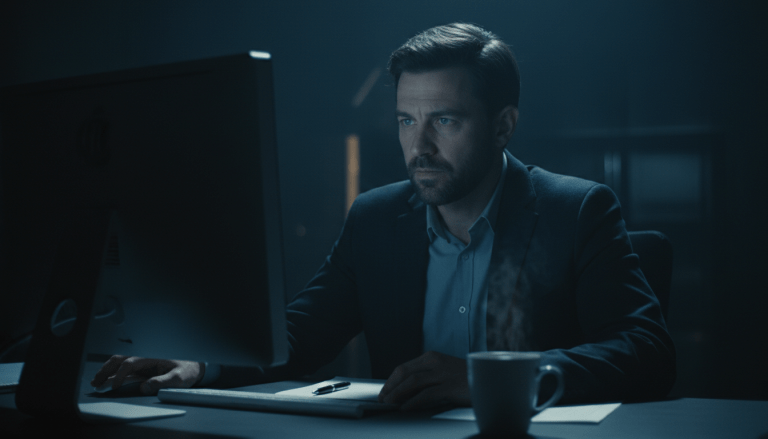 Periodista de investigación trabajando en un entorno tenso y oscuro durante la noche