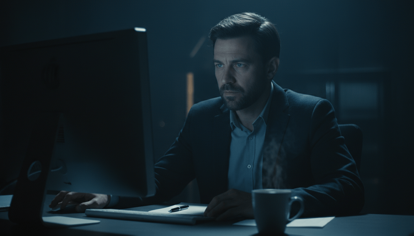 Periodista de investigación trabajando en un entorno tenso y oscuro durante la noche