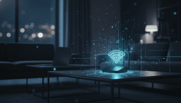 Router de alta seguridad iluminado en una oficina domestica representando el nuevo perimetro de ciberseguridad.