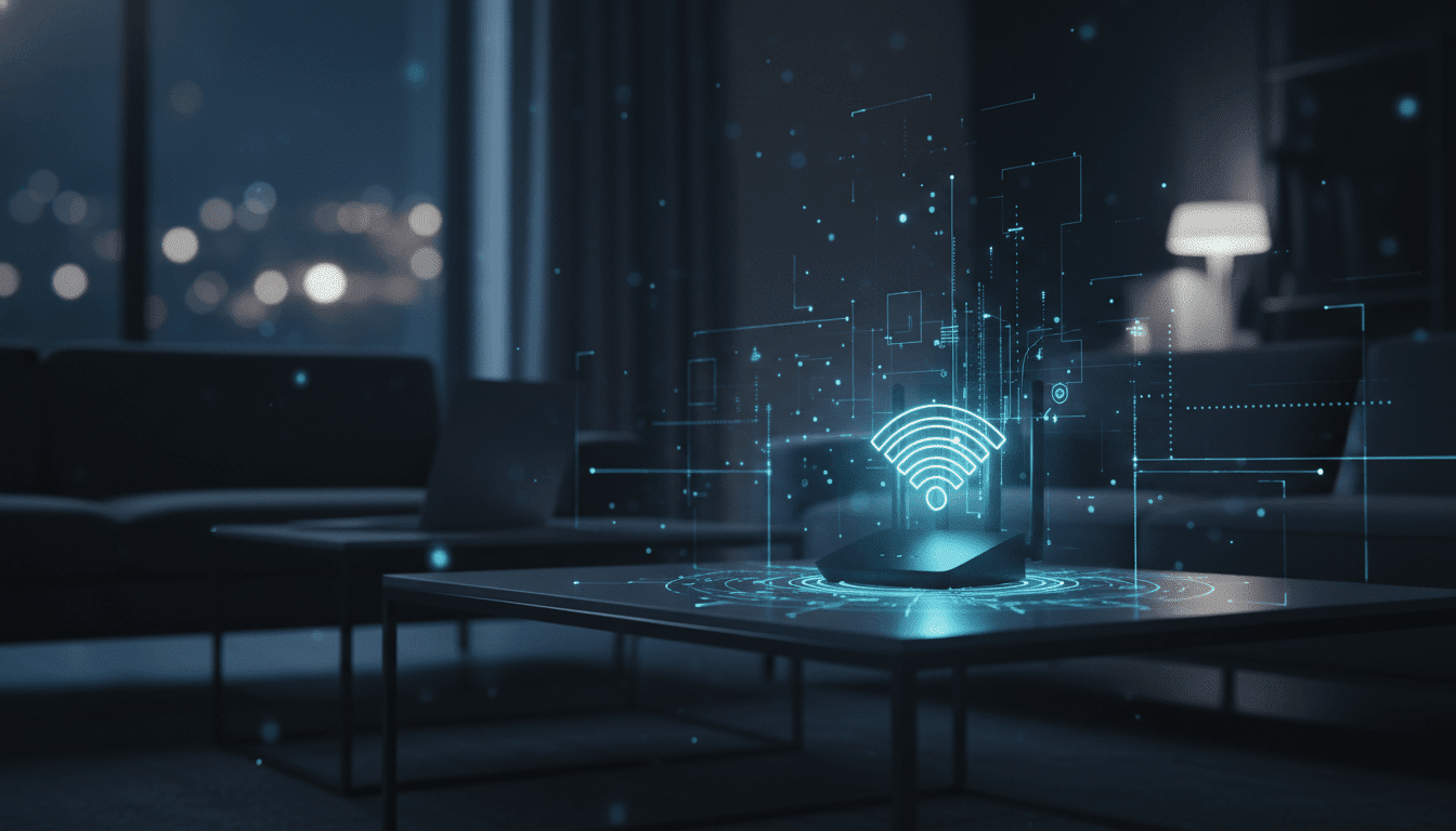 Router de alta seguridad iluminado en una oficina domestica representando el nuevo perimetro de ciberseguridad.