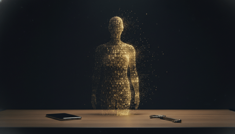 Concepto de legado digital con silueta de luz y objetos personales sobre una mesa representando la herencia online.