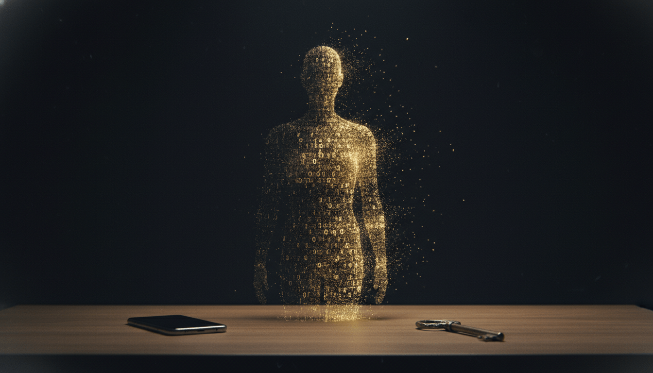 Concepto de legado digital con silueta de luz y objetos personales sobre una mesa representando la herencia online.