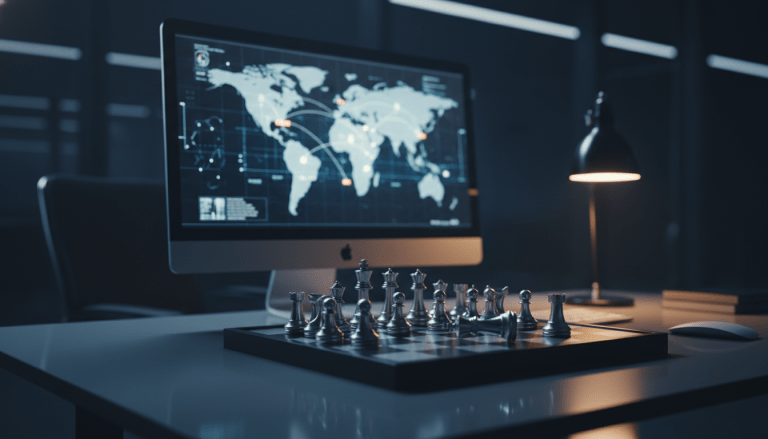 Representación abstracta de espionaje económico corporativo con un tablero de ajedrez y redes de datos globales en un entorno de oficina tecnológica oscura.
