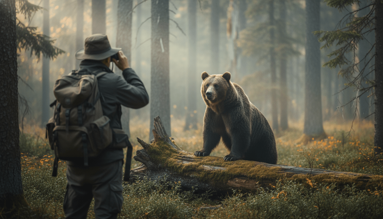 Excursionista observando fauna salvaje con respeto en un bosque durante el amanecer para promover la seguridad en la montaña