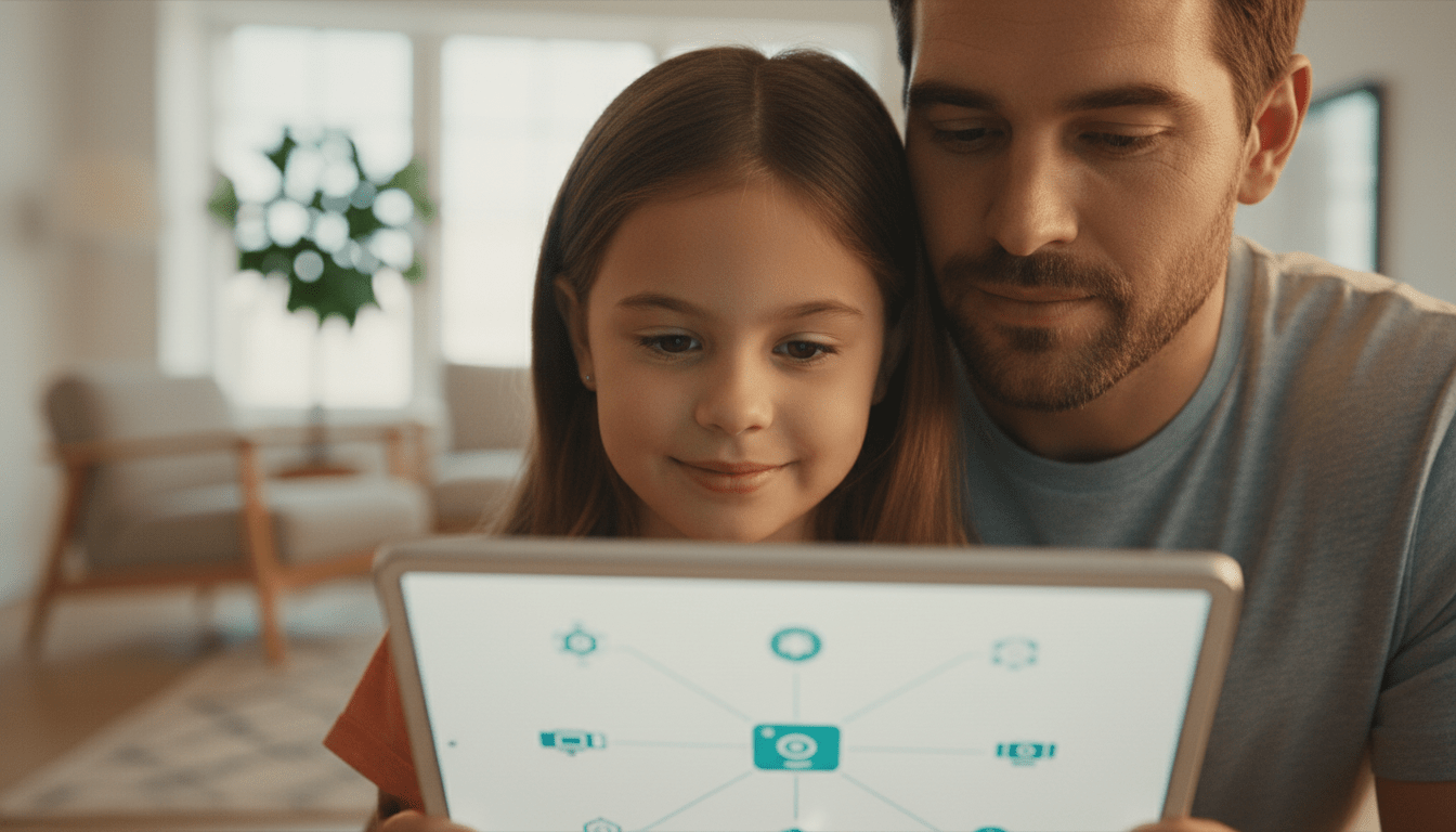 Familia revisando un plan de seguridad integral para el hogar en una tablet digital