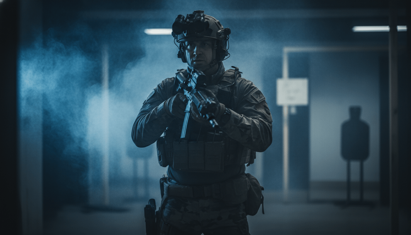 Agente de seguridad profesional en entrenamiento táctico de alta presión bajo iluminación cinemática