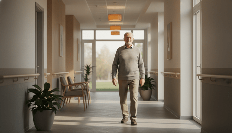 Anciano caminando con autonomía y seguridad en un pasillo residencial moderno con diseño arquitectónico inclusivo.