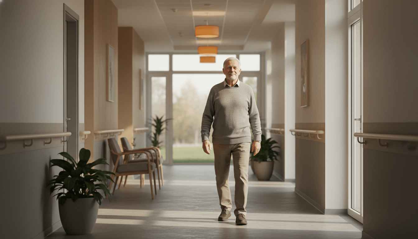 Anciano caminando con autonomía y seguridad en un pasillo residencial moderno con diseño arquitectónico inclusivo.