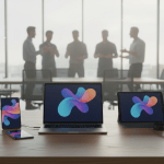 Colección de dispositivos tecnológicos modernos y herramientas de trabajo en una oficina luminosa para representar compras inteligentes de equipo empresarial.