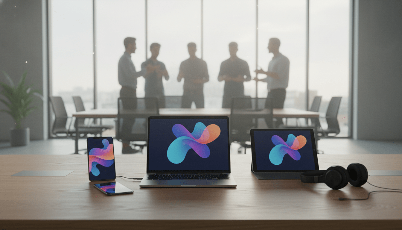 Colección de dispositivos tecnológicos modernos y herramientas de trabajo en una oficina luminosa para representar compras inteligentes de equipo empresarial.