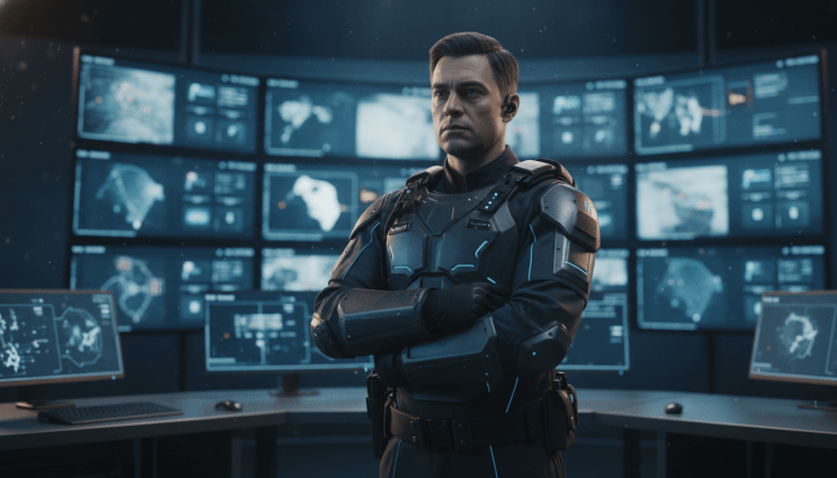 Supervisor de seguridad profesional analizando inteligencia operativa en un centro de control moderno para el escalado de empresas.