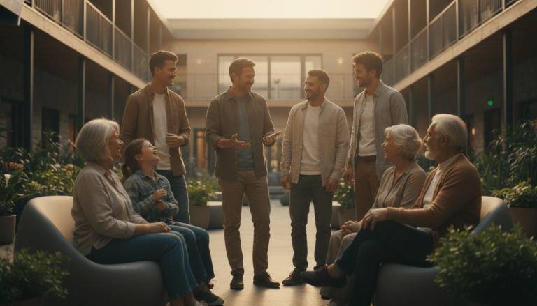 Vecinos diversos conversando amigablemente en un espacio comunitario para fomentar la confianza y la seguridad vecinal.
