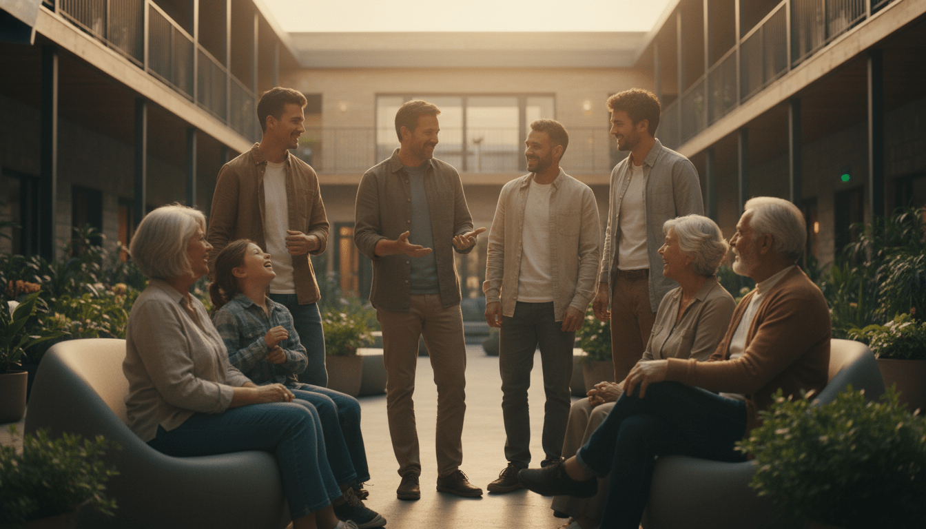 Vecinos diversos conversando amigablemente en un espacio comunitario para fomentar la confianza y la seguridad vecinal.