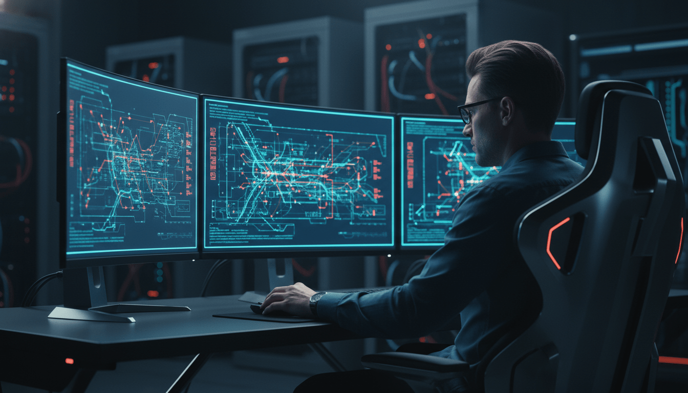 Especialista en ciberseguridad monitoreando ataques informáticos en un centro de operaciones nocturno con pantallas de datos abstractos.