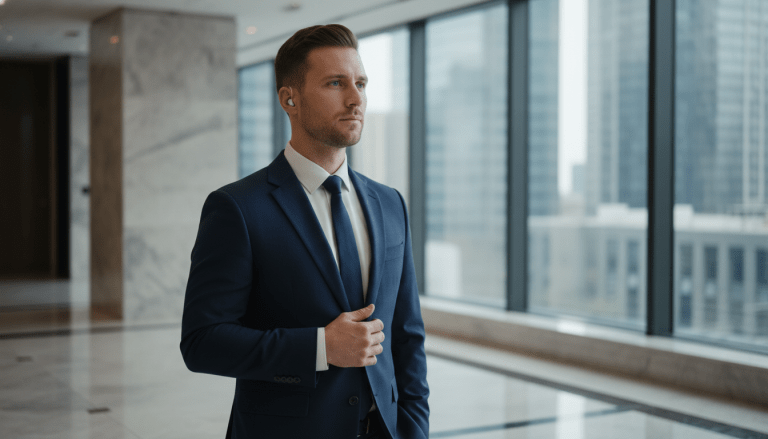 Especialista en protección ejecutiva con traje profesional en entorno corporativo moderno analizando riesgos