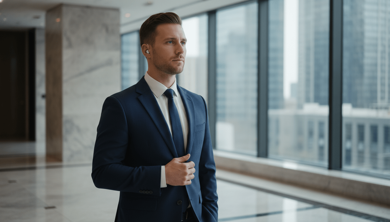 Especialista en protección ejecutiva con traje profesional en entorno corporativo moderno analizando riesgos