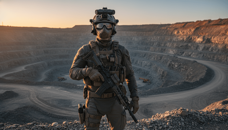 Guardia de seguridad especializado supervisando una operación minera a cielo abierto como estrategia de protección corporativa