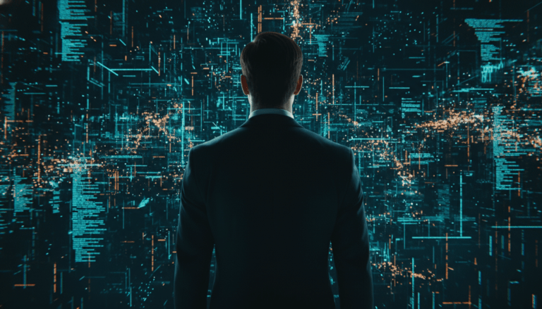 Administrador de seguridad analizando un ecosistema de datos digitales complejos y ciberresiliencia