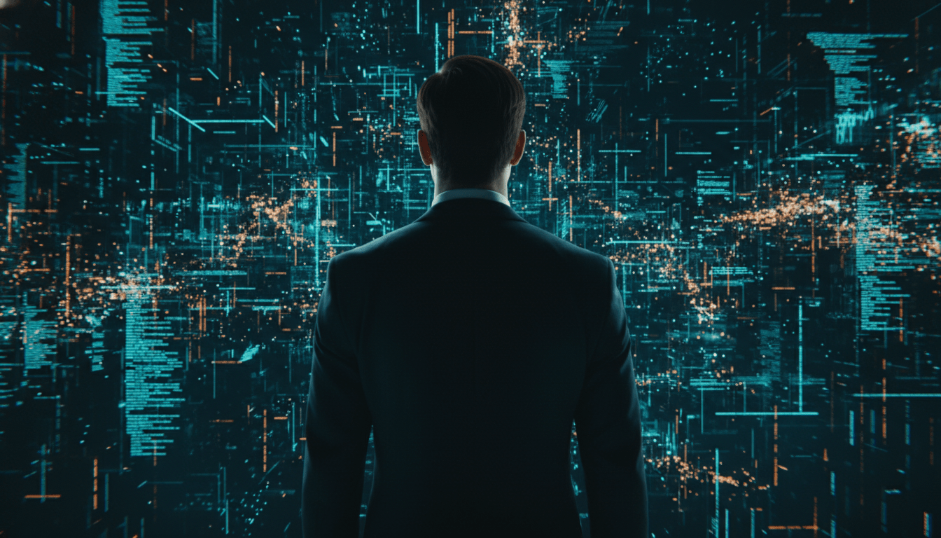 Administrador de seguridad analizando un ecosistema de datos digitales complejos y ciberresiliencia