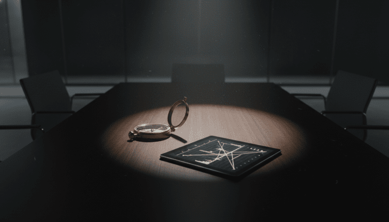 Entorno de crisis corporativa con elementos estratégicos sobre una mesa de juntas en una oficina moderna.