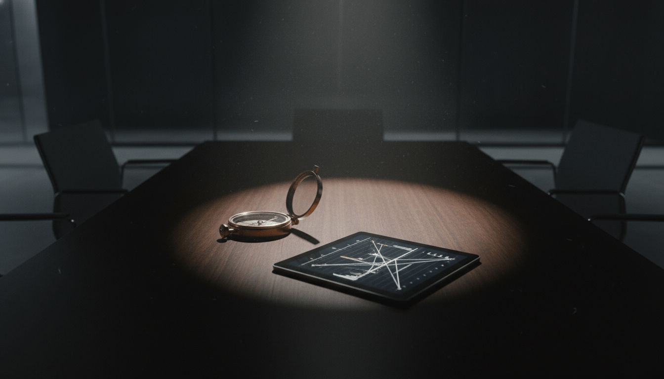 Entorno de crisis corporativa con elementos estratégicos sobre una mesa de juntas en una oficina moderna.