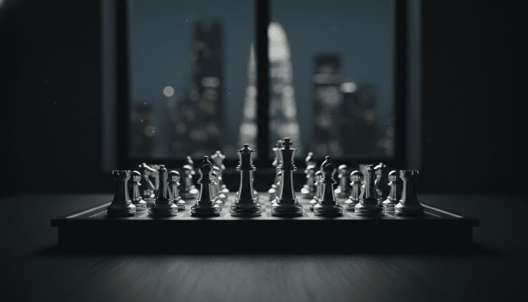 Estratega de seguridad privada analizando el crecimiento y expansión de una empresa de seguridad con un tablero de ajedrez