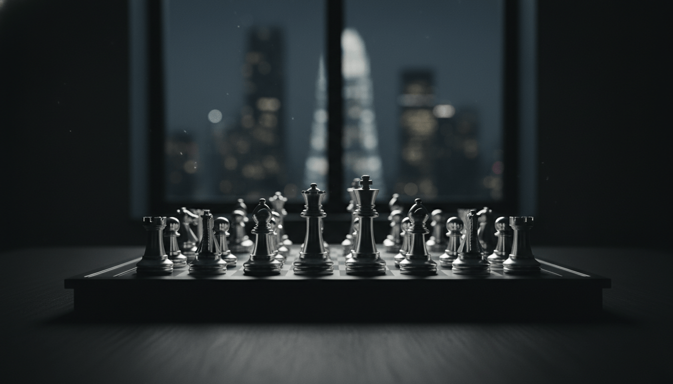 Estratega de seguridad privada analizando el crecimiento y expansión de una empresa de seguridad con un tablero de ajedrez