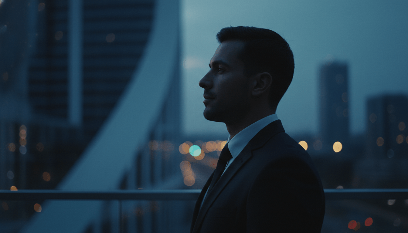 Profesional de seguridad corporativa transmitiendo confianza, calma y gestión de riesgos en un entorno urbano moderno.