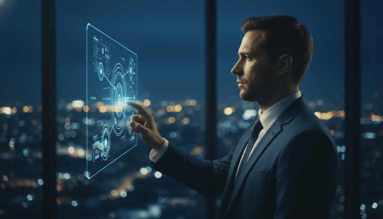 Profesional de seguridad analizando datos en una interfaz digital moderna para proteger infraestructura crítica.