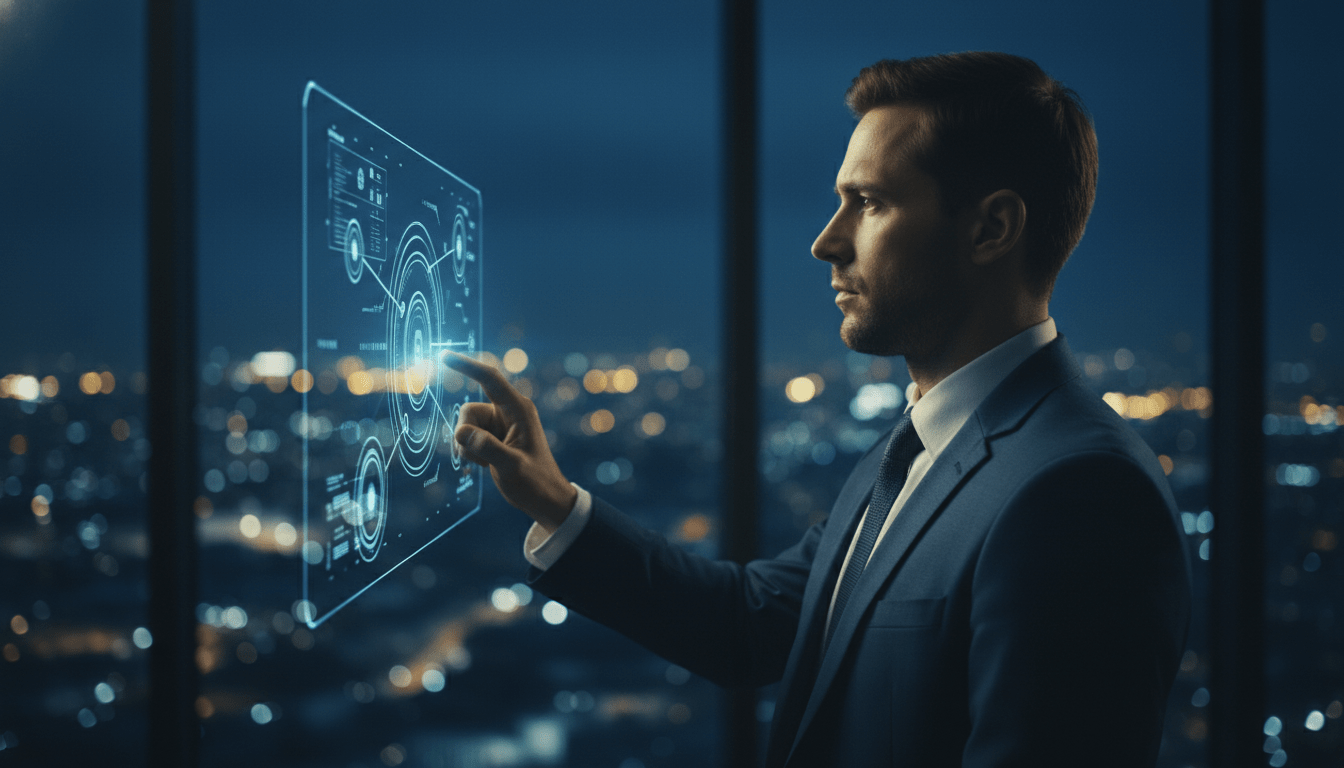 Profesional de seguridad analizando datos en una interfaz digital moderna para proteger infraestructura crítica.