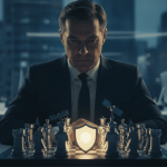 Estratega analizando piezas de ajedrez en una oficina de seguridad privada representando el concepto de valor de vida del cliente.