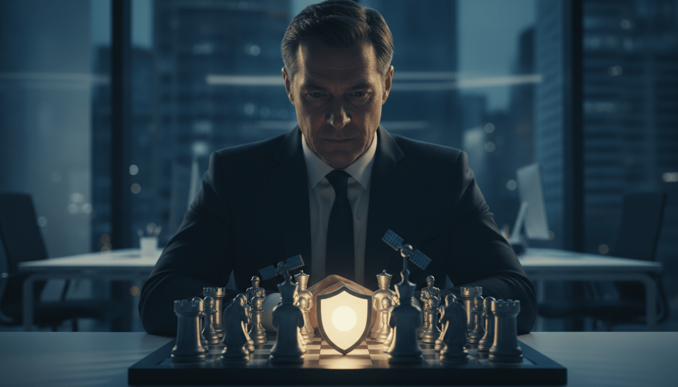 Estratega analizando piezas de ajedrez en una oficina de seguridad privada representando el concepto de valor de vida del cliente.
