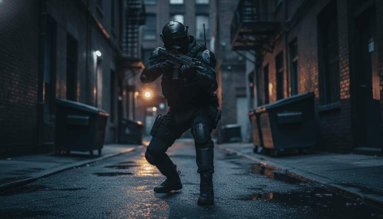 Individuo en posición de defensa táctica en un callejón urbano oscuro para evitar ser rodeado