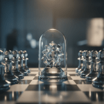 Piezas de ajedrez abstractas representando la protección de activos intelectuales y estrategia empresarial.