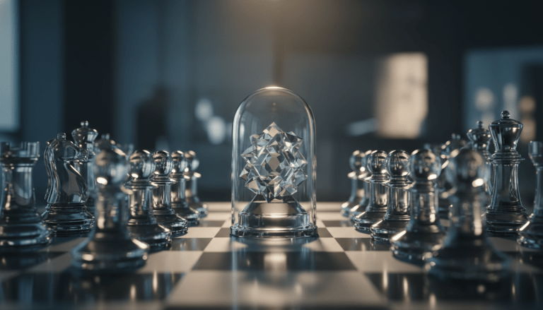 Piezas de ajedrez abstractas representando la protección de activos intelectuales y estrategia empresarial.