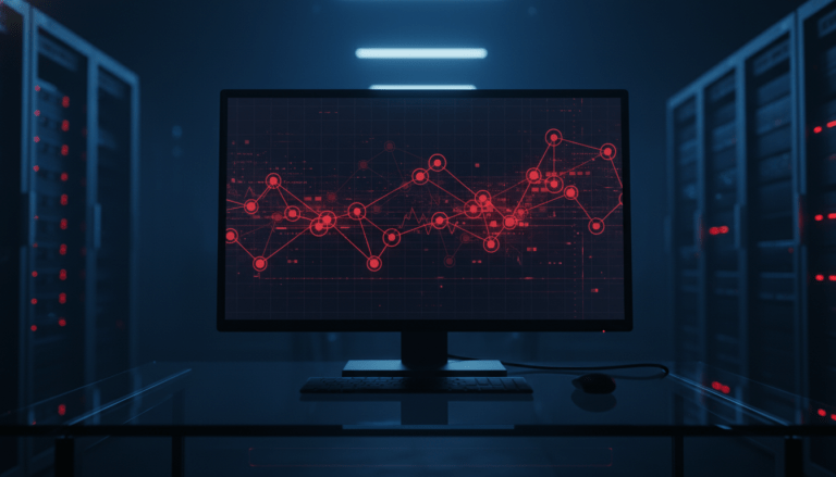 Centro de control de ciberseguridad con monitores mostrando alertas de red en una oficina oscura