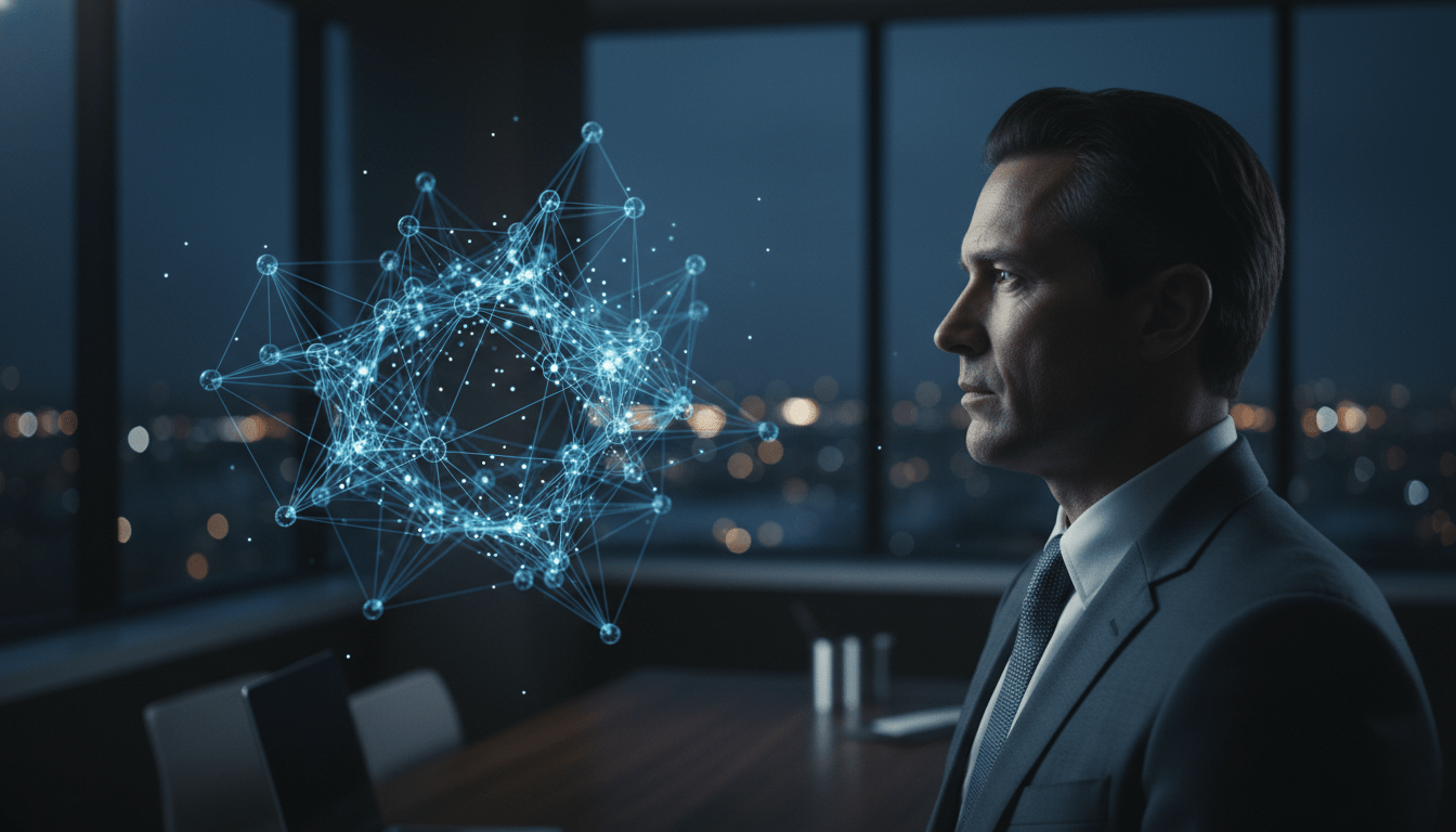 Ejecutivo de seguridad B2B analizando infraestructura digital compleja con enfoque en confianza y consultoría estratégica.