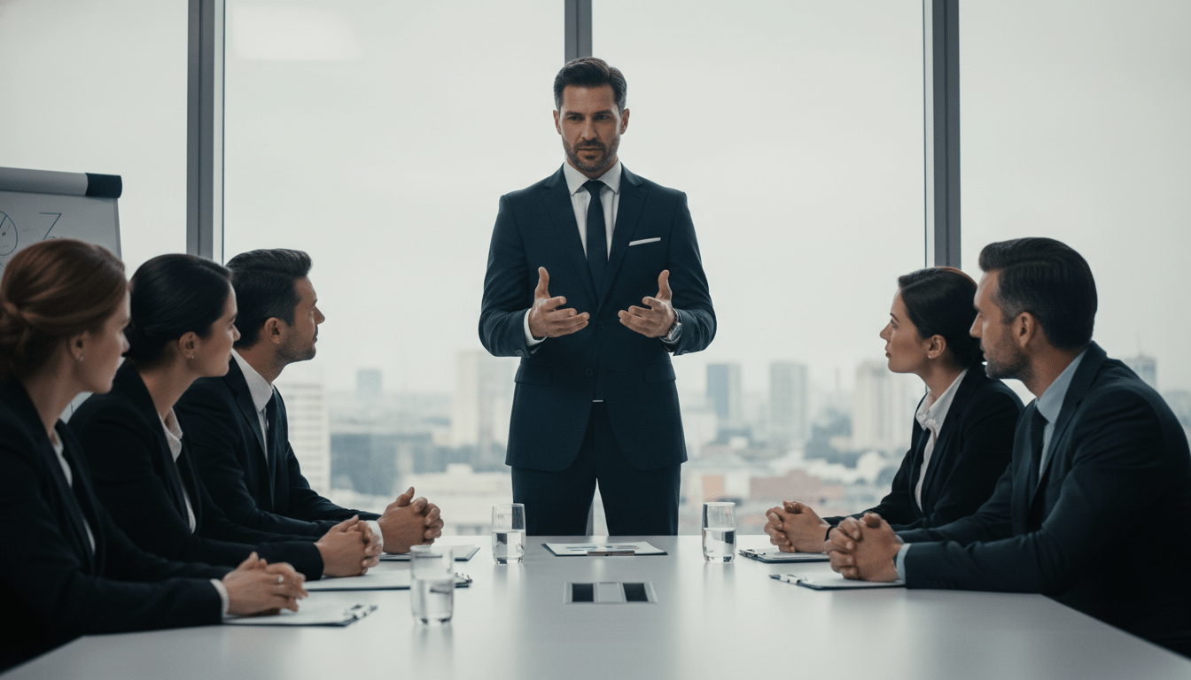 Ejecutivo liderando una reunión de seguridad estratégica con la alta dirección en una oficina corporativa moderna.