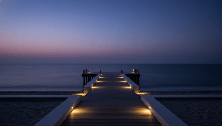 Seguridad perimetral avanzada en una propiedad de lujo frente al mar durante la noche