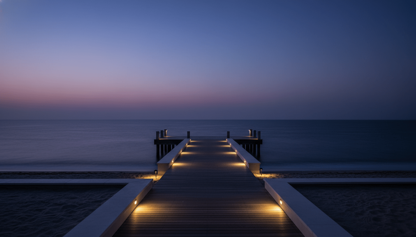 Seguridad perimetral avanzada en una propiedad de lujo frente al mar durante la noche